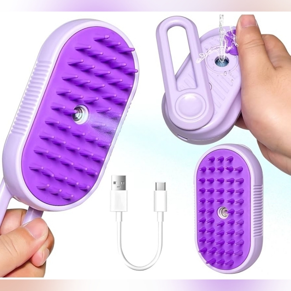 Purple Electric Spray Handle Silicone Massage Pet/Cat Brush- New in Package